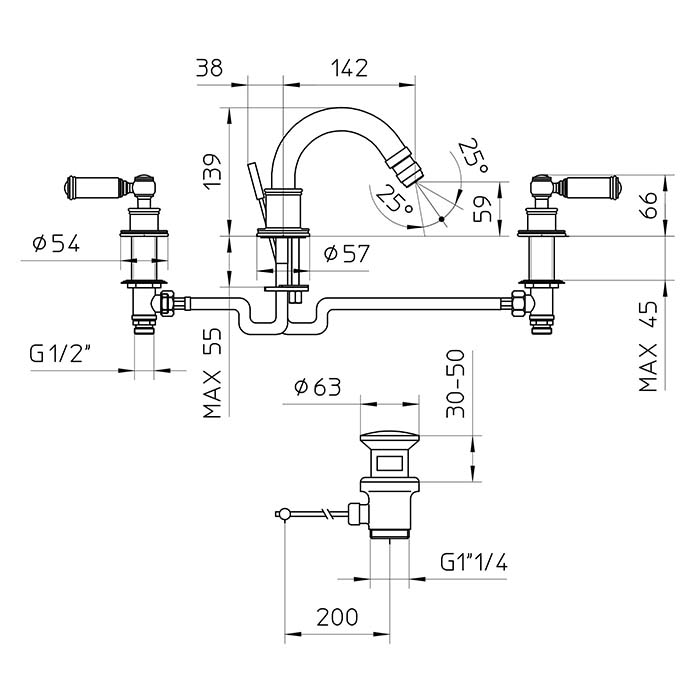 Bossini Liberty Смеситель для биде на 3 отверстия с поворотным изливом и заглушкой 1”1/4, цвет: никель матовый