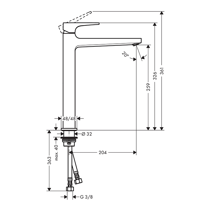 Hansgrohe Metropol Смеситель для раковины 260, на 1 отв, с донным клапаном, излив 204мм, цвет: шлифованный черный хром