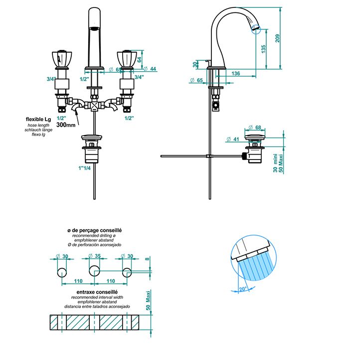 THG Petale de Cristal noir Смеситель для раковины, 3 отв., цвет: хром/черный хрусталь