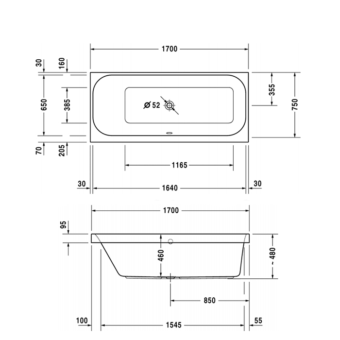 Duravit Happy D.2 Ванна акриловая  170х75x48см, прямоугольная .встраиваемая  версия , с наклоном для  спины слева, цвет: белый