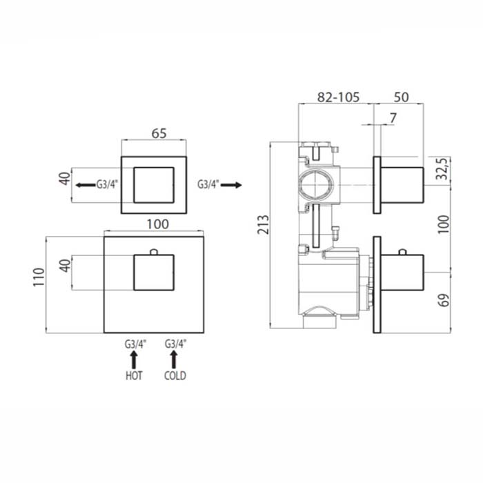 Bossini Rectangular Термостат для душа, встраиваемый, с девиаторм/запорным вентилем на 1 или 2 выхода, уст-ка верт/гор., цвет: хром