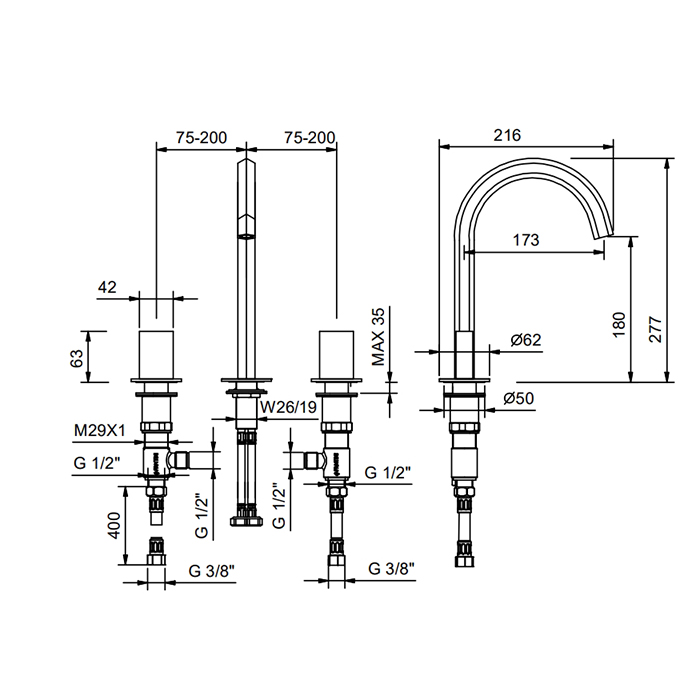 Fantini Venezia Смеситель для раковины, на 3 отв., излив: 17.5см., без ручек, цвет: Matt Gun Metal PVD