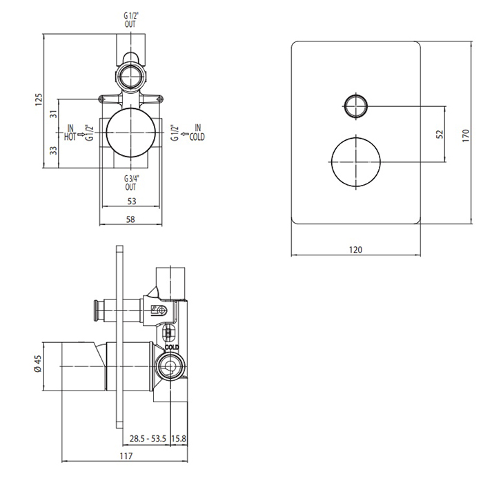 Bossini Liberty Смеситель для душа, встраиваемый, с переключателем на 2 источника, цвет: античная бронза