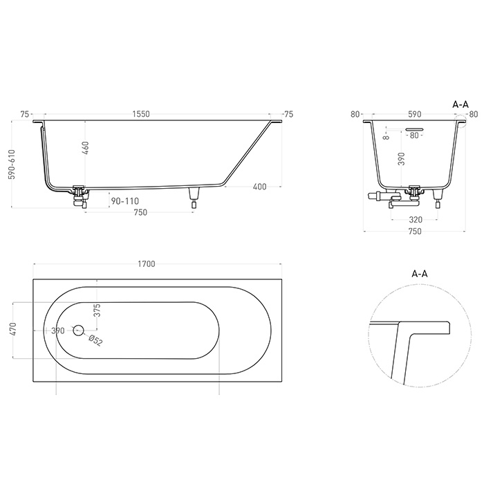 Salini Lofo Kit Ванна 170х75х59см., отдельностоящая, Gelcoat, с донным клапаном, сифоном, ножками, слив-переливом, цвет: белый глянцевый