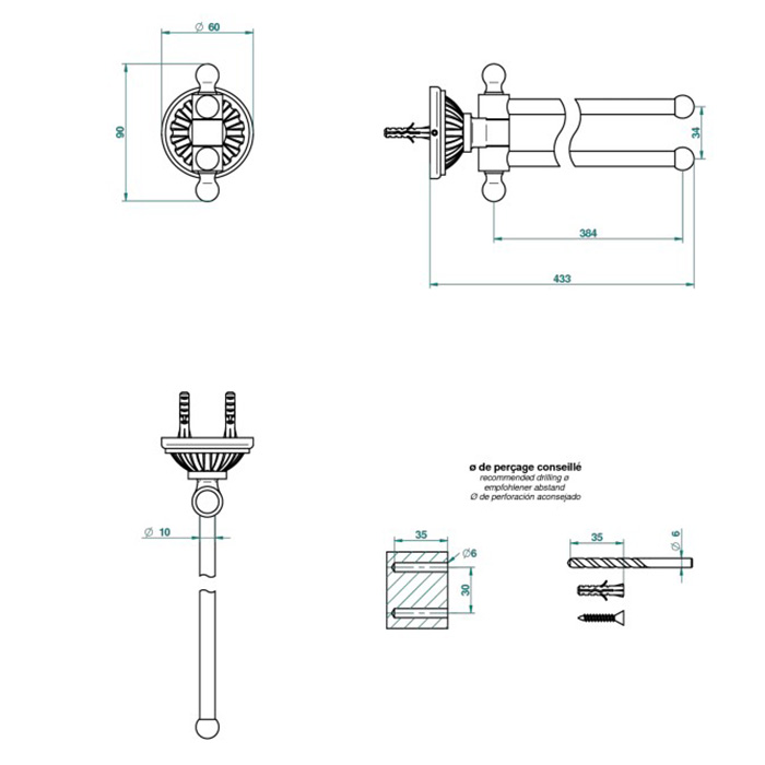 THG Malmaison Portoro Полотенцедержатель двойной 43.3см., поворотный, подвесной, цвет: хром/золото