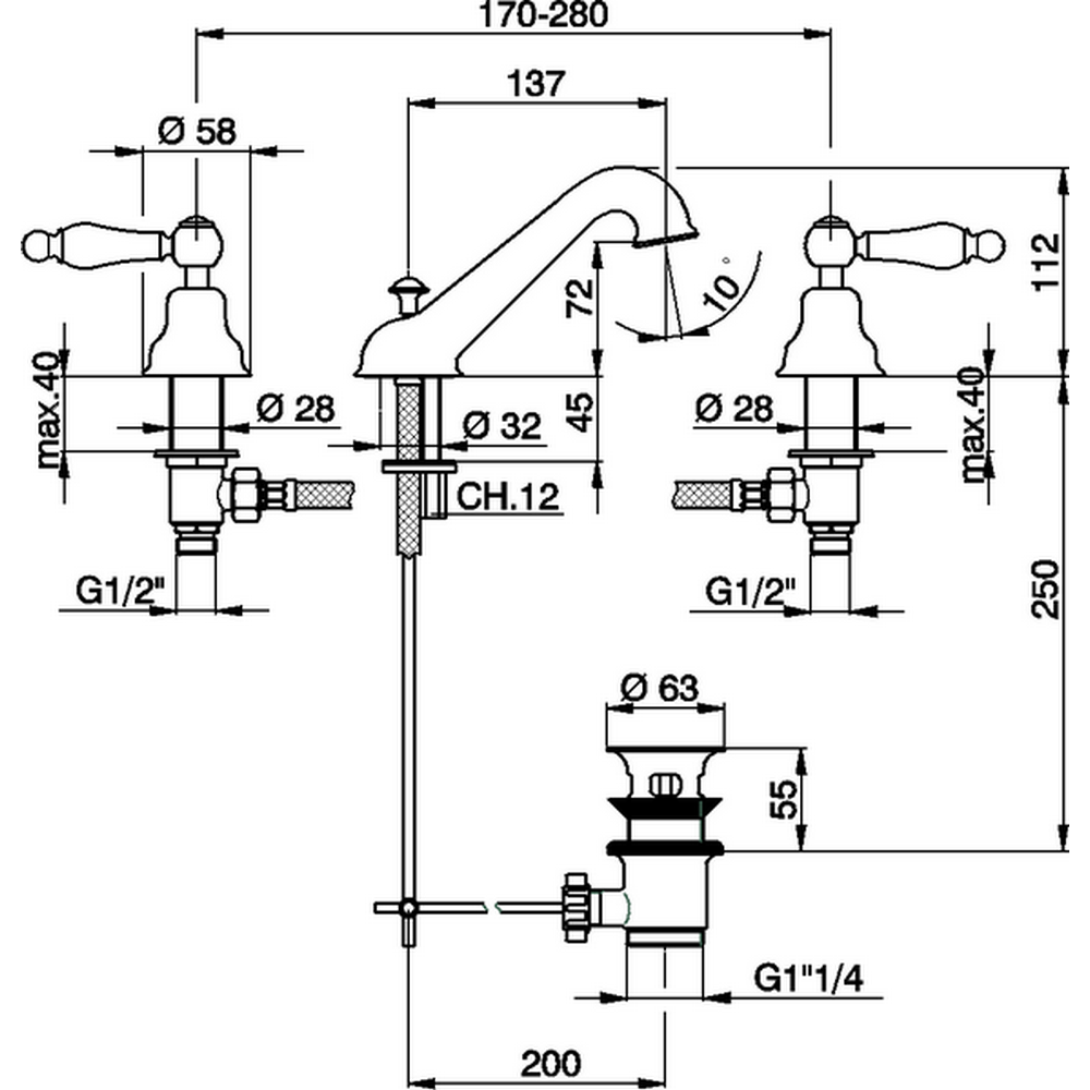CISAL Arcana Toscana Смеситель для раковины на 3 отв. с донным клапаном, цвет: бронза