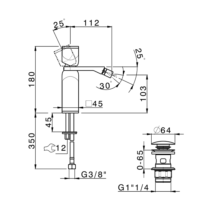 Cisal Hi-Rise Смеситель для биде, на 1 отв., c донным клапаном, цвет: белый мрамор/брашированный никель
