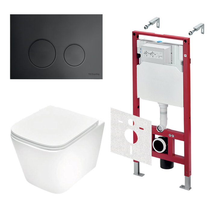 TECEspring Base Комплект: унитаз модель S, инсталяция, панель смыва LT с круглыми кнопками, цвет: белый / черный матовый