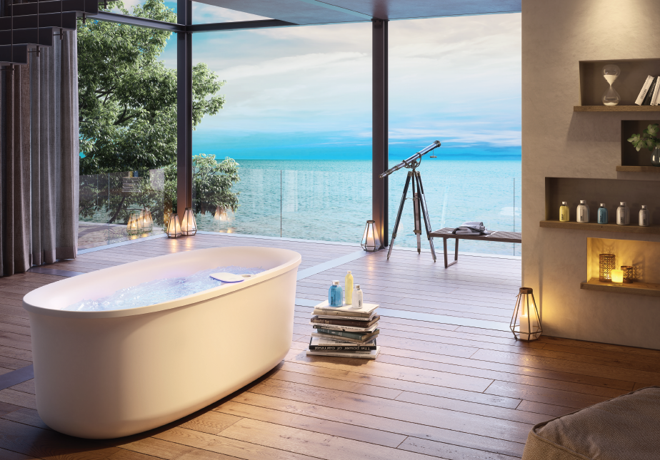 Jacuzzi Arga  Ванна 175x85x57 см отдельностоящая, Swirlpool Illumatherapy™4 форсунки, подсветка Rainbow, цвет: белый глянцевый