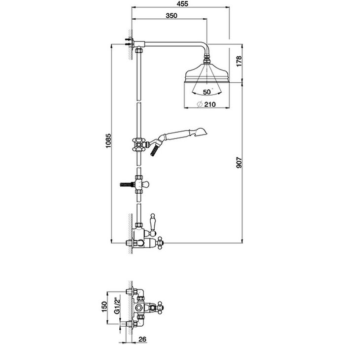 CISAL Arcana Ceramic Настенная душевая система:термостатический смеситель для душа,верхний душ,ручной душ с держателем и шлангом, цвет: хром