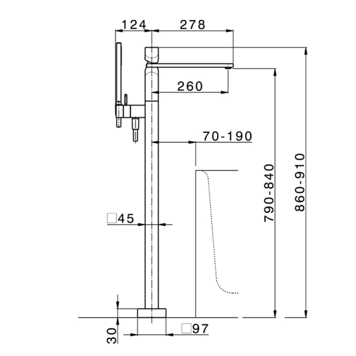 Cisal  Hi-Rise Смеситель для ванны напольный, однорычажный, с изливом и ручным душем, внешняя часть, цвет хром