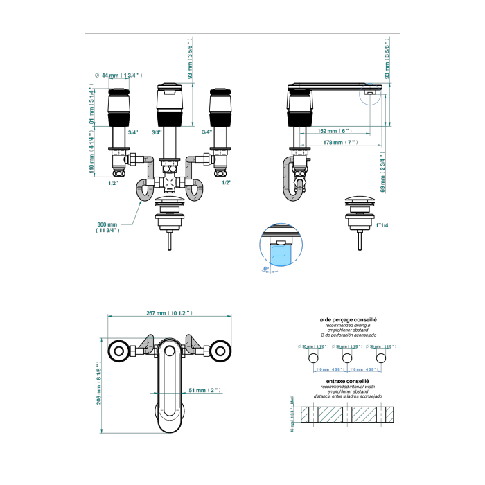 THG CORVAIR FIOR DI BOSCO Смеситель для раковины на 3 отверстия, с донным клапаном, цвет: Blush PVD