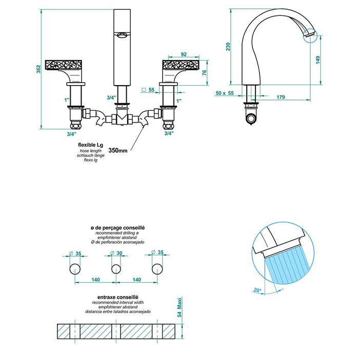 THG Ginkgo Смеситель для ванны, 3 отв., цвет: золото/хрусталь