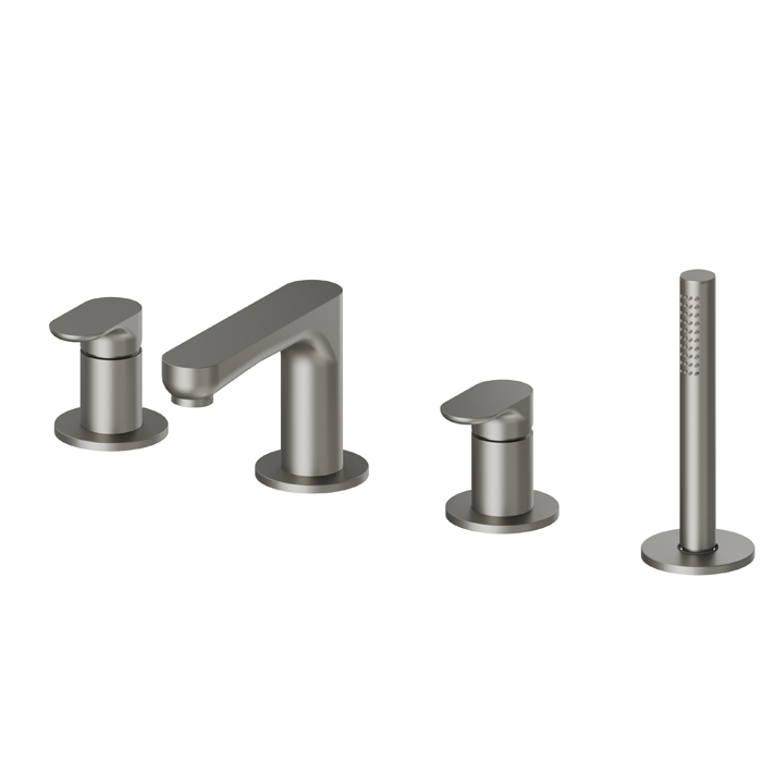 Newform Linfa II Смеситель на борт ванны, 4 отв., с изливом и ручным душем, цвет: titanium satin