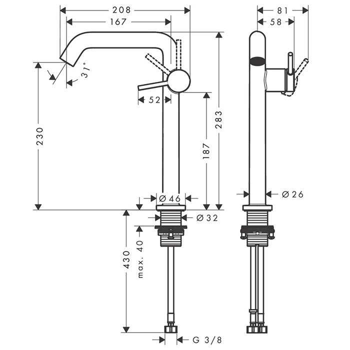 Hansgrohe Tecturis S Смеситель для раковины, высокий, 1 отв., CoolStart EcoSmart+, с донным клапаном Push-Open, цвет: черный матовый