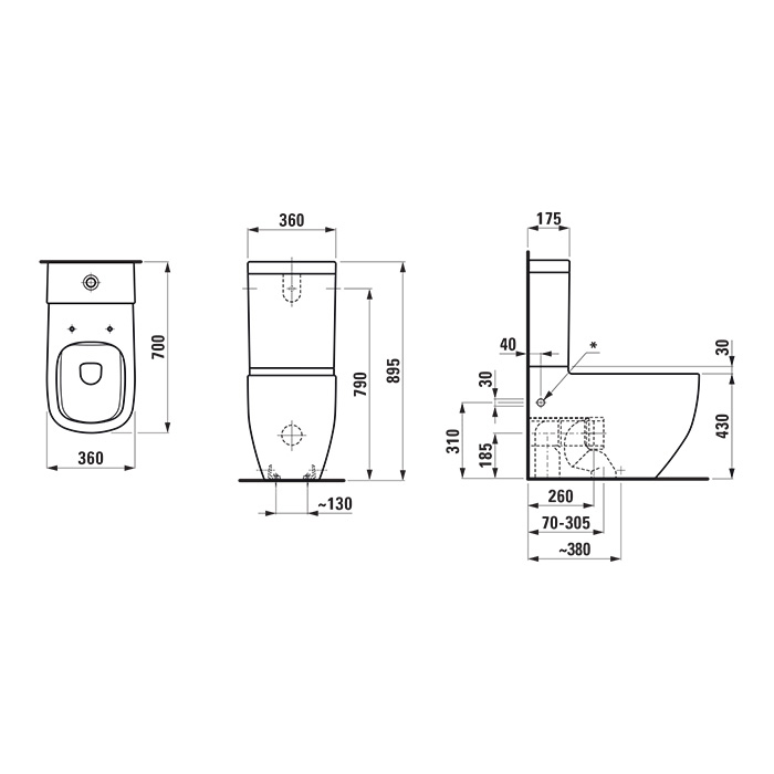 Laufen Palomba Унитаз моноблок 70x36x46см, безободковый, выпуск универсальный, подвод воды сзади, цвет: белый