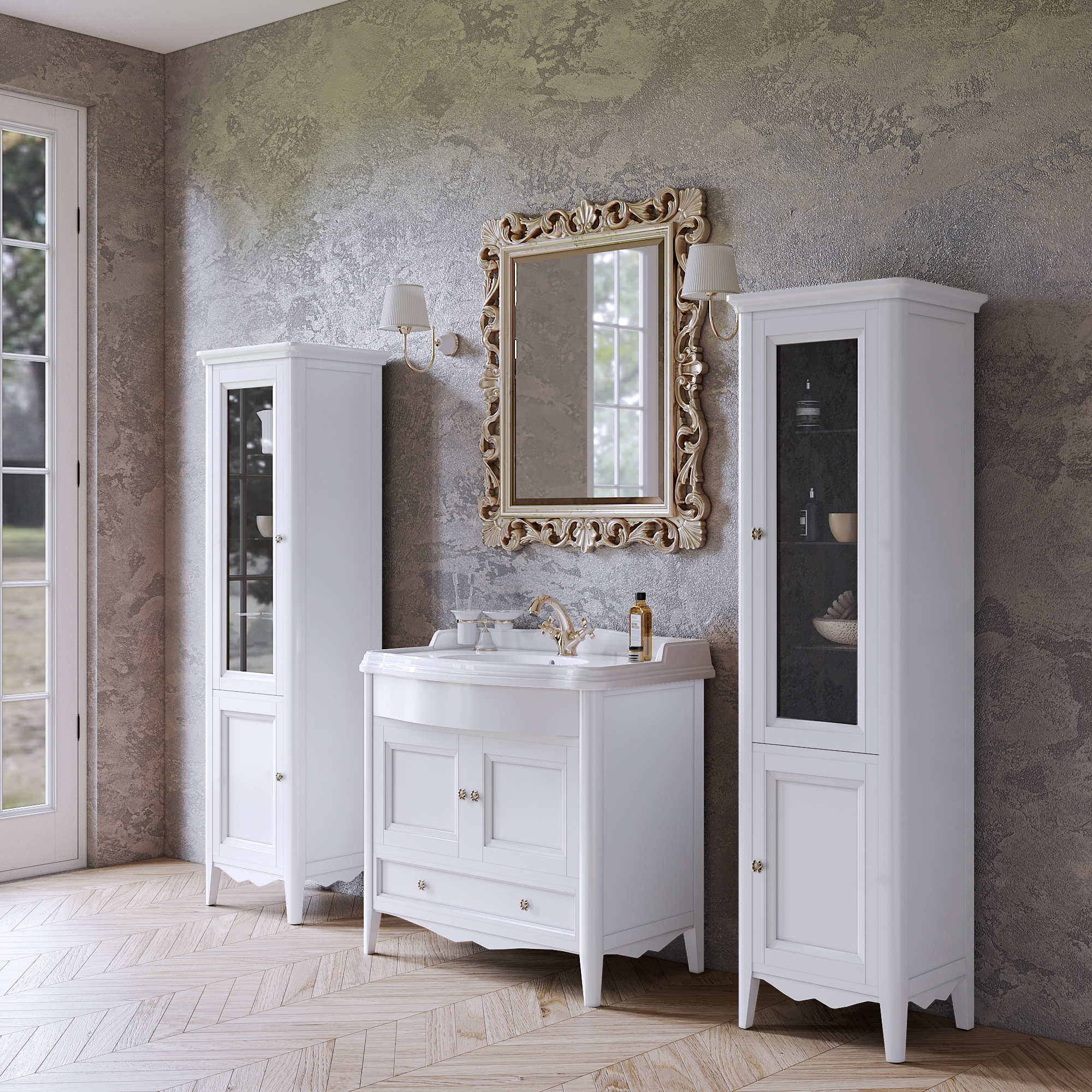 TW Veronica Nuovo комплект мебели с 1-м выдвижным ящиком и 2-мя дверцами, с доводчиками Blum, ручки: бронза, 90см, напольный, цвет: белый