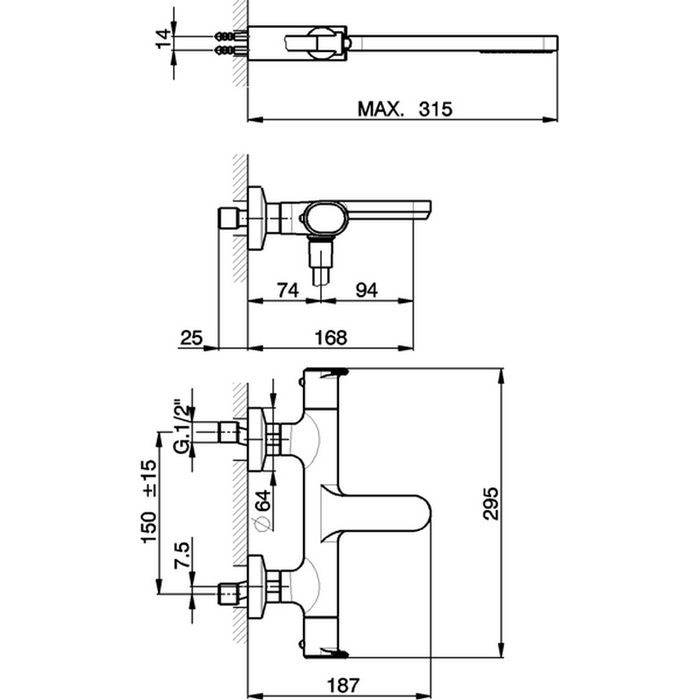 CISAL LineaViva Смеситель термостатический настенный для ванны/душа с ручной лейкой,держателем и шлангом, цвет: хром