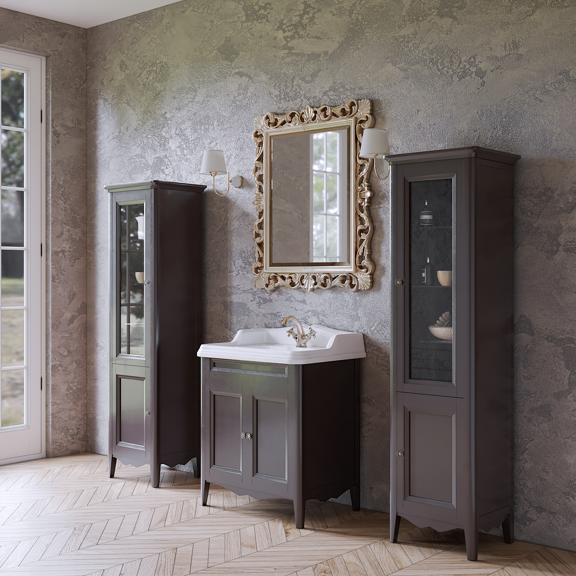 TW Veronica, База с раковиной Simas AR834bi x1 73x54см с 1отв. под смеситель , 2 расп. дверки, доводч. Blum, ручки: Riflesso бронза, напольная, Цвет: grigio