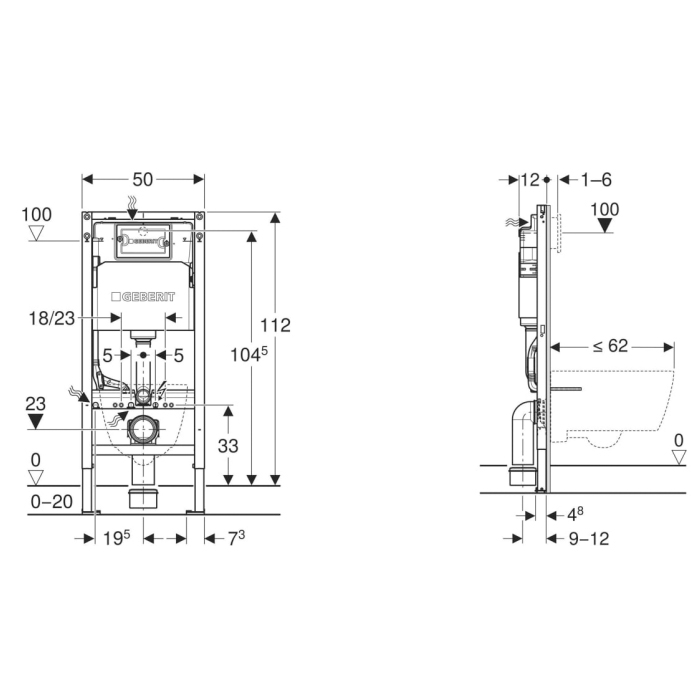 Geberit Duofix Инсталляция для подвесного унитаза 112см., со смыв. бачком Delta 12 см., с креплением и клавишей Delta20
