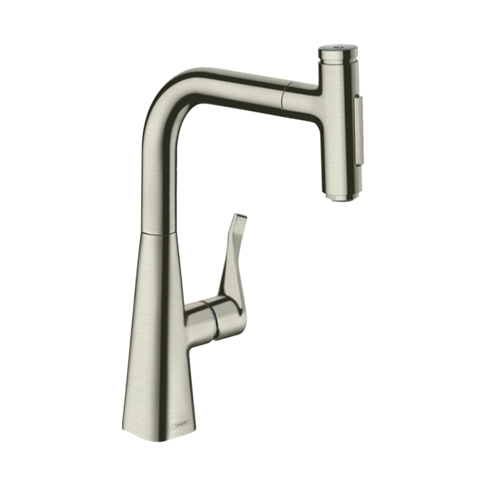 Hansgrohe Metris M71 Смеситель для кухни, на 1 отв, поворотный излив: 20.8см с вытяжным душем, 2jet, h238мм, sBox кнопка вкл/выкл,, цвет: нержавейка