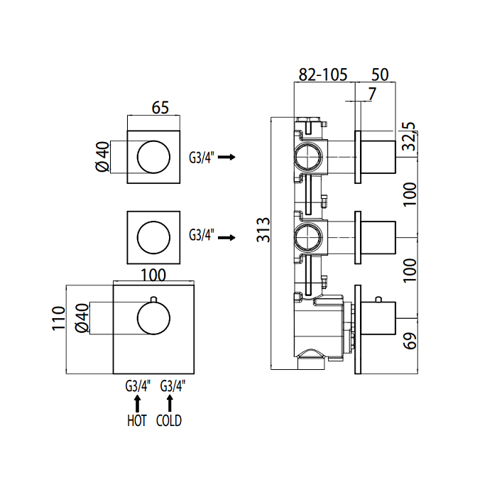 Bossini Oki Смеситель для ванны/душа, настенный, термостатический, цвет: Brushed Nickel