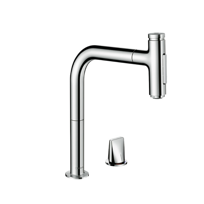 Hansgrohe Metris M71 Смеситель для кухни, на 2 отв, поворотный излив: 22.1см с вытяжным душем, 2jet, h:20.8см, sBox, цвет: хром