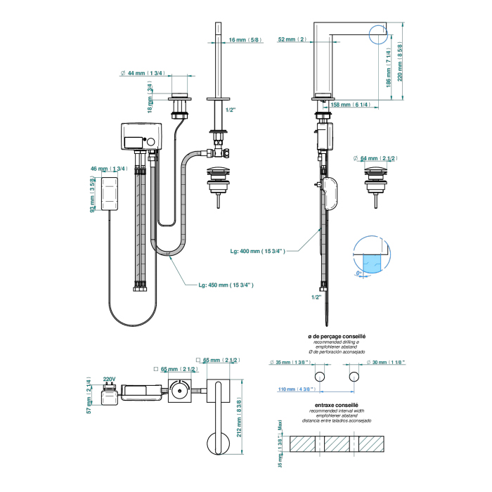 THG ICON-X METAL Смеситель для раковины, 2 отв., электронный, с донным клапаном, цвет: полированное золото