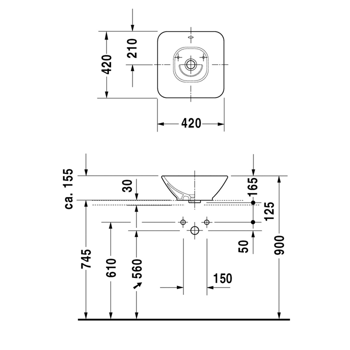 Duravit Bacino Раковина 42х42см., накладная, без отв., цвет: белый