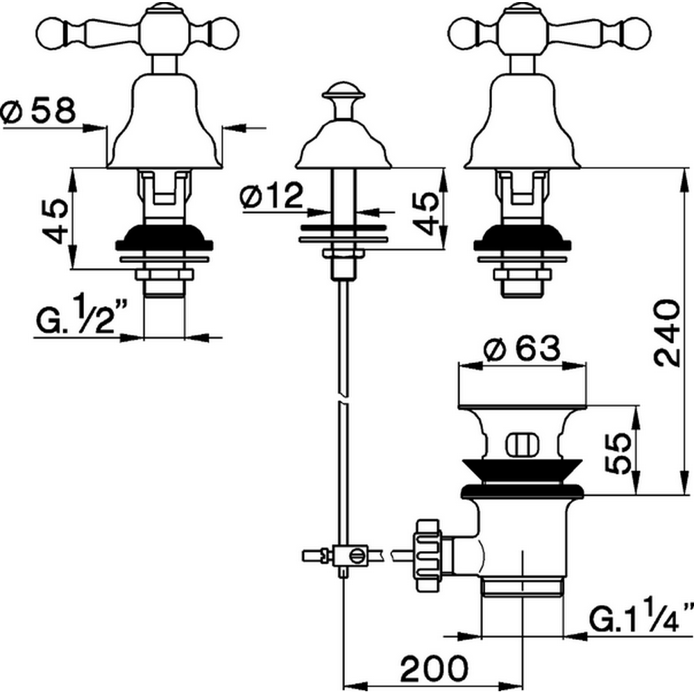 CISAL Arcana America Смеситель для биде на 3 отверстия без излива, с донным клапаном, цвет: хром
