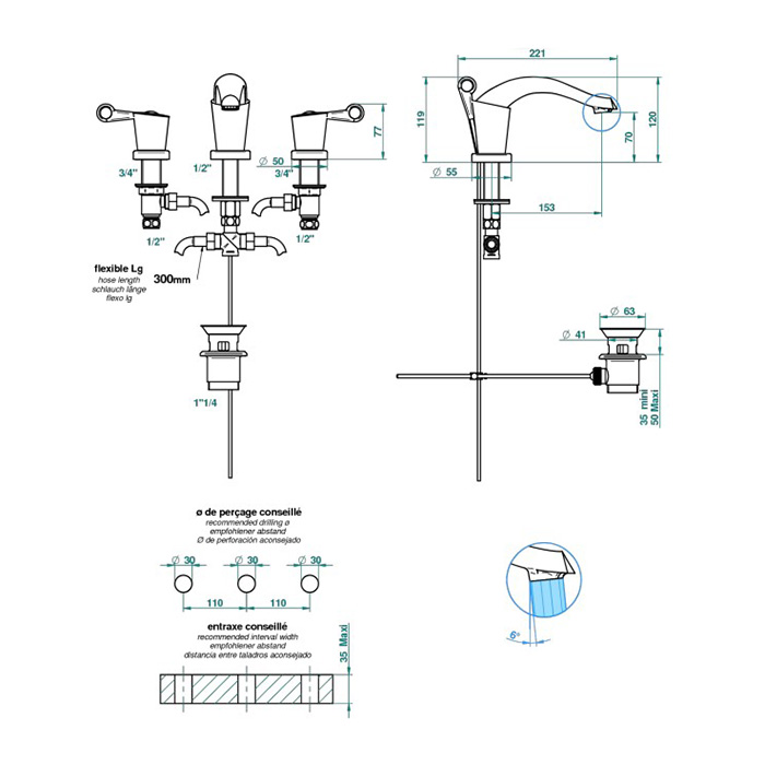  THG Bagatelle metal Смеситель для раковины на 3 отверстия, с донным клапаном, цвет: полированное золото