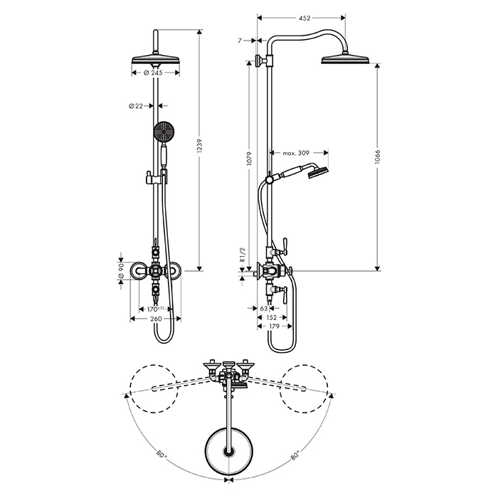 Axor Montreux Showerpipe Душевая стойка с верхним душем 24см., термостатическим смесителем, ручным душем и шлангом, цвет: шлифованное золото