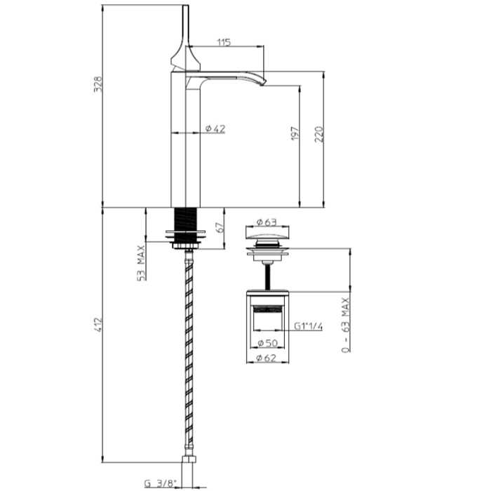 Bossini Apice Смеситель для раковины на 1 отверстие, однорычажный, высота излива 197 мм., с донным клапаном, цвет: черный матовый