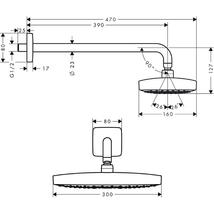 Hansgrohe Raindance Верхний душ, прямоугольный верхний душ, 300x160 мм, 2 типа струи: Rain: широкая дождевая струя, RainAir : объемная дождевая струя с технологией AirPower, кнопка Select для переключения режимов душа, воздушная форсун