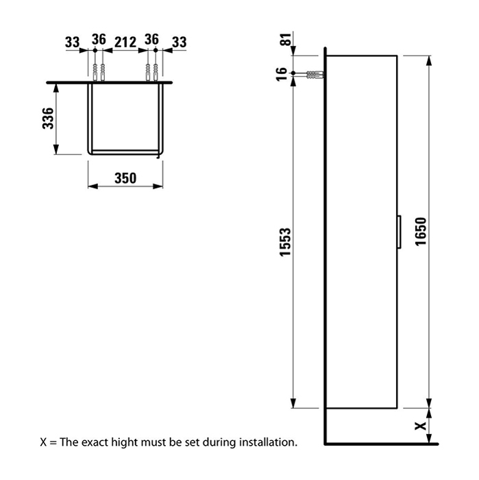 Laufen Base Высокий шкаф 35x33.5x165см., 1 дверца, SX, 1 фиксированная полка, 4 стеклянные полки, дизайн совпадает со шкафами под раковину, цвет: темный вяз