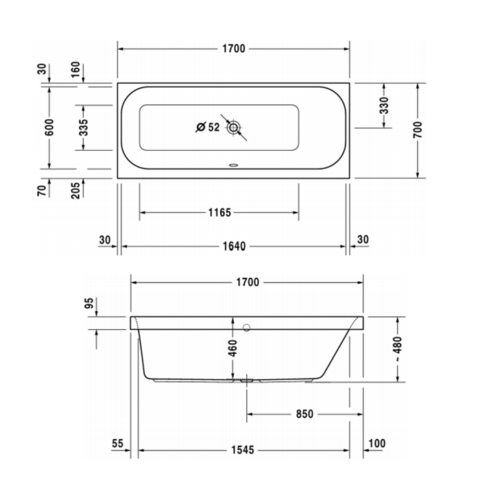 Duravit Happy D.2 Ванна акриловая  170х70x48см, прямоугольная .встраиваемая  версия , с наклоном для  спины справа, цвет: белый