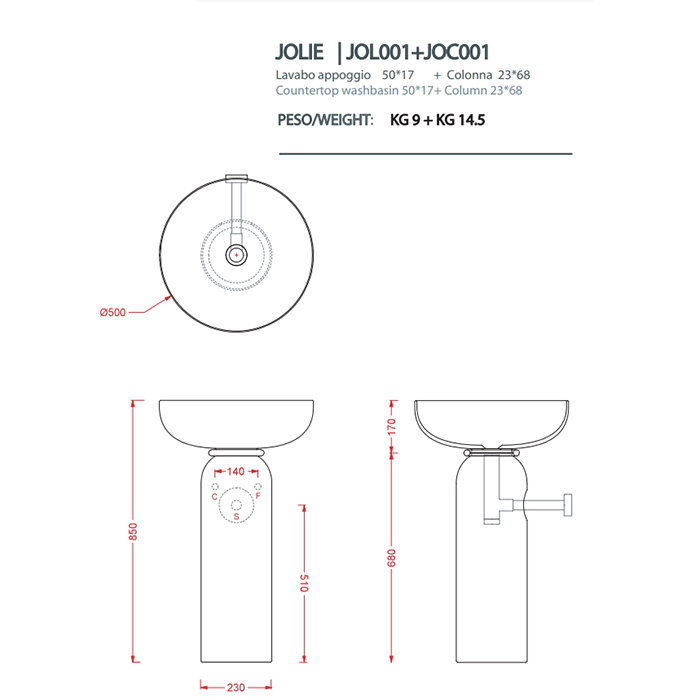 Artceram Jolie Раковина 50см., на пьедестале, пристенный монтаж,  цвет: черный матовый