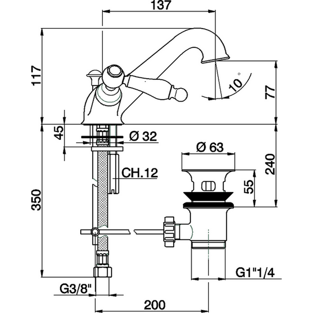 CISAL Arcana Toscana Смеситель двухвентильный для раковины на 1 отверстие с донным клапаном, цвет: хром 