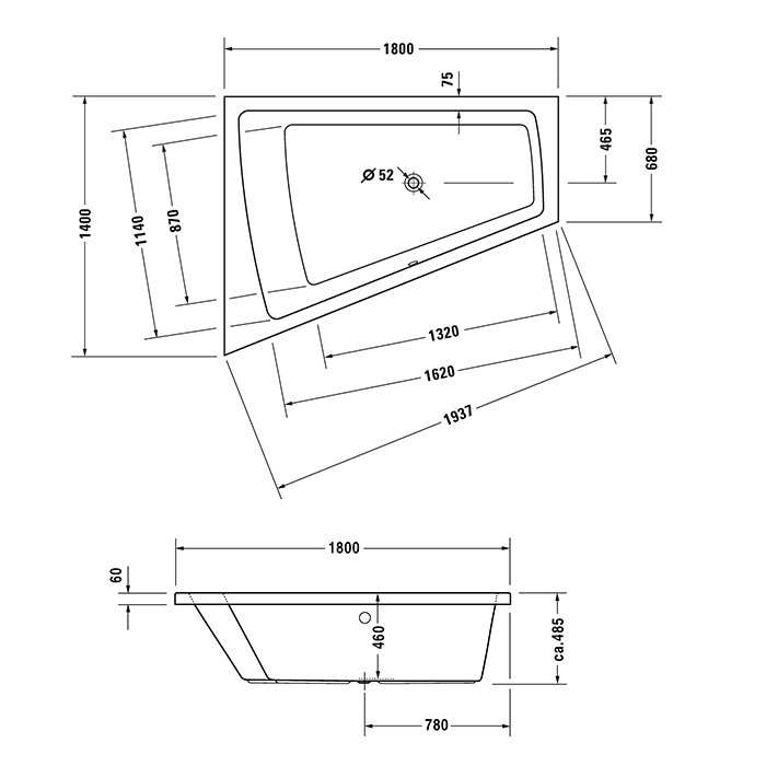 Duravit Paiova Ванна встраиваемая 180x140х48.5см, с наклоном для спины слева, цвет: белый