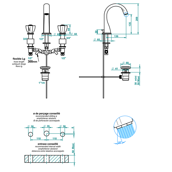THG Pуtale de cristal bleu Смеситель для раковины, 3 отв., цвет: хром/синий хрусталь