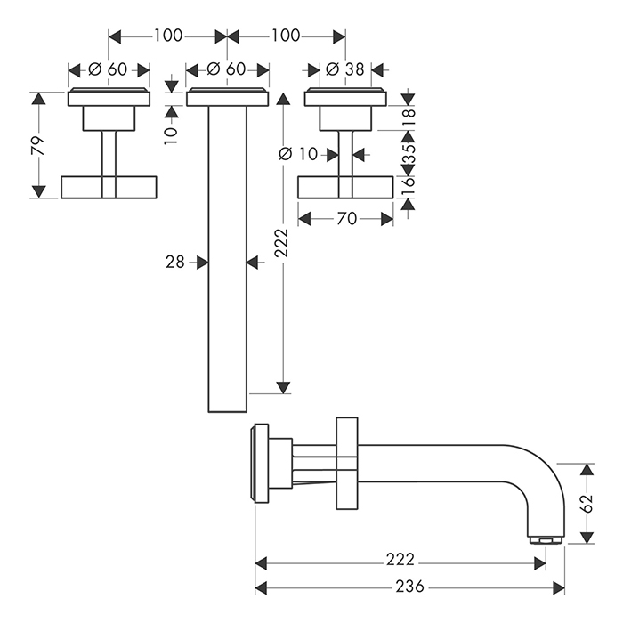 Axor Citterio Смеситель для раковины 222, встраиваемый, излив: 22.2см., цвет: полированное золото