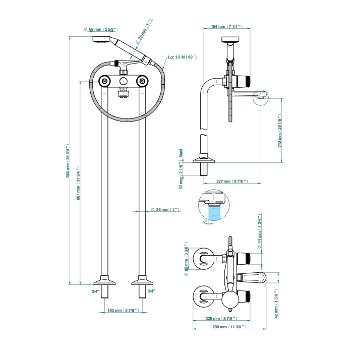 THG CORVAIR Смеситель для ванны напольный, с ручным душем и шлангом 1500 мм., цвет: Blush PVD
