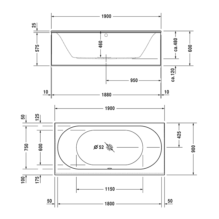 Duravit Darling New Ванна встраиваемая 190х90х60см., комплектация Combi-System L, акрил, цвет: белый