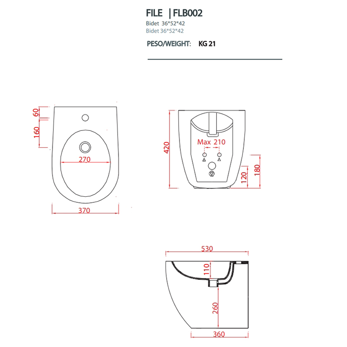 Artceram File 2.0 Биде напольное 53х37хh42см, 1 отв под смеситель, цвет: matera