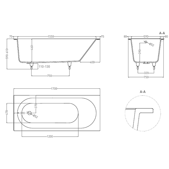 Salini Lofo Ванна 170х75х61см., встраиваемая, Gelcoat, без слив-перелива, с ножками, цвет: белый глянцевый