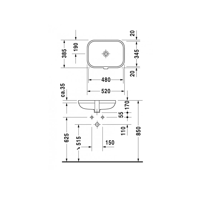 Duravit Happy D.2 Раковина для встраивания снизу, 48х34.5см. с перел., без площадки под смес., вкл. заглушку для перелива, хром, включая крепление для встраивани, Цвет: Белый