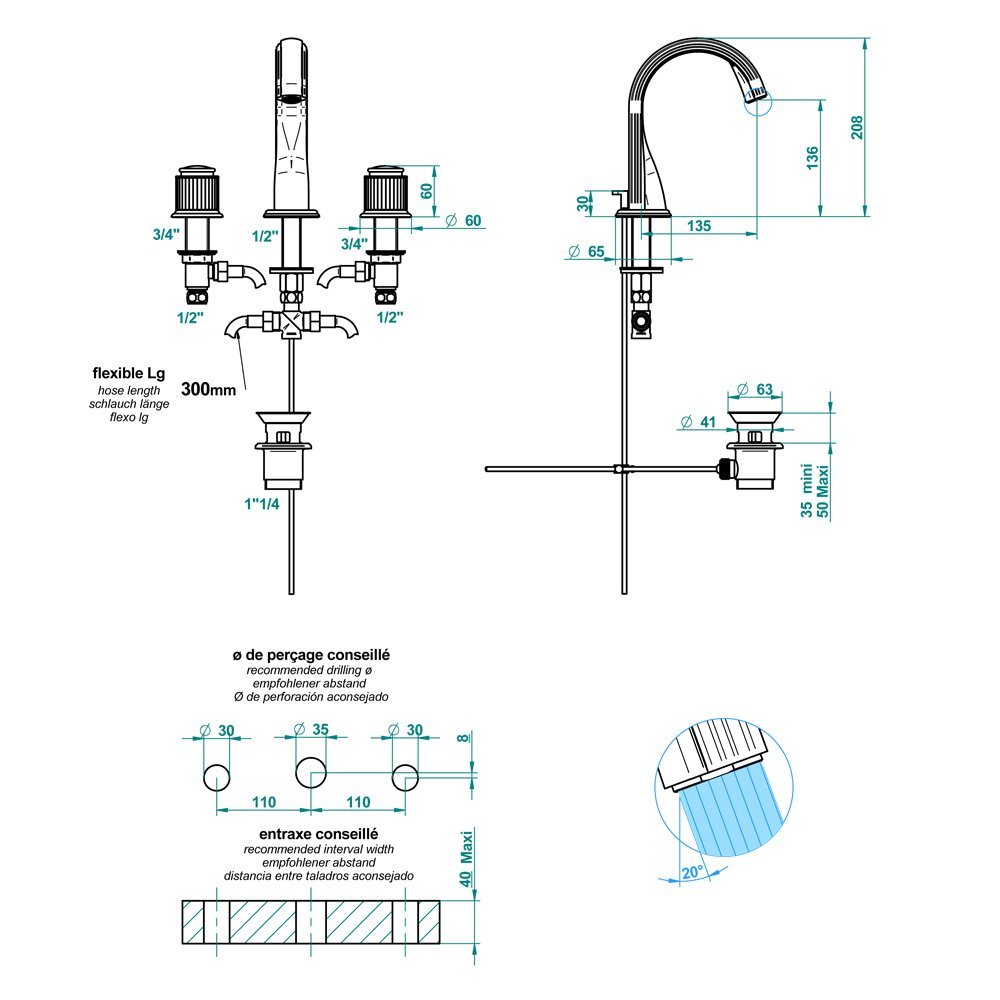 THG Jaipur metal Смеситель для раковины, 3 отв., цвет: хром