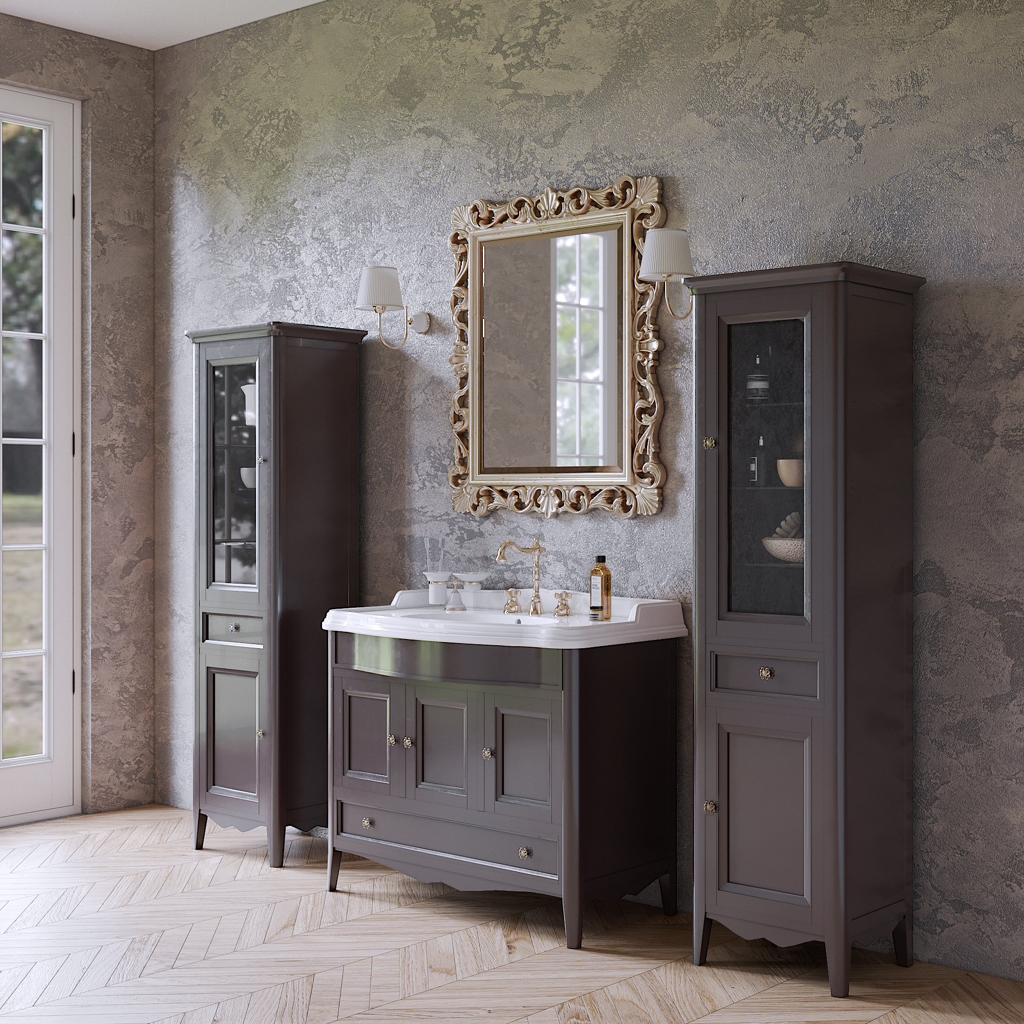 TW Veronica, База с раковиной Simas AR874bi*1 105x56см, с 1отв., 3 расп. дв. и 1ящик, доводч. Blum, ручки: Riflesso бронза, напольная, цвет: GRIDGIO