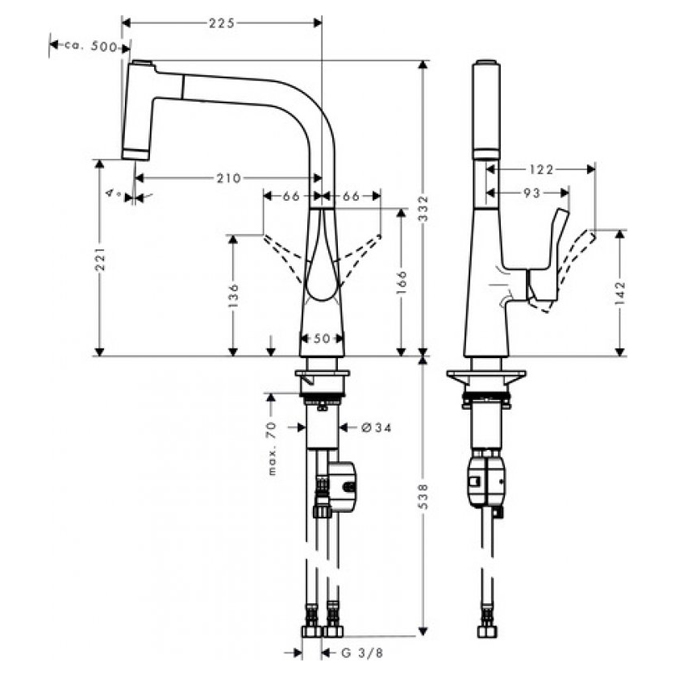 Hansgrohe Metris Смеситель  для кухни на 1 отв, поворотный и выдвижной излив 2jet, цвет: сталь