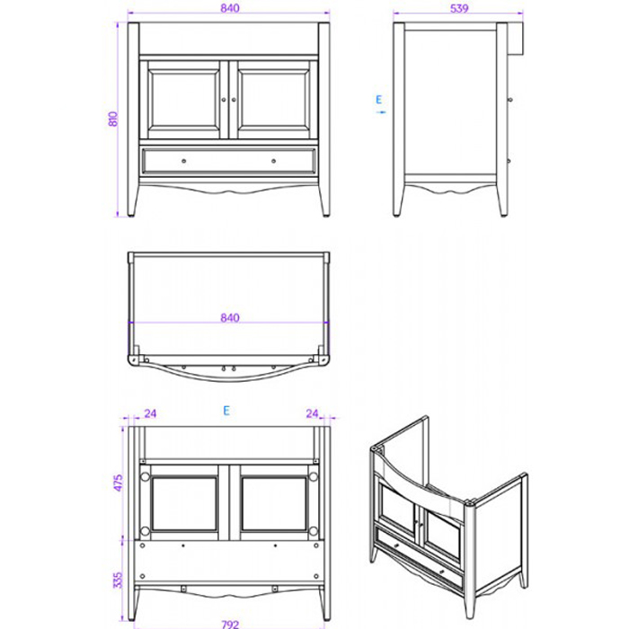 TW Veronica, База с раковиной Simas AR864bi*1 90x56см, с 1отв., 2 распашные дверки+1 выдв.ящик,  доводч. Blum, ручки: Riflesso бронза, напольная, цвет: GRIDGIO